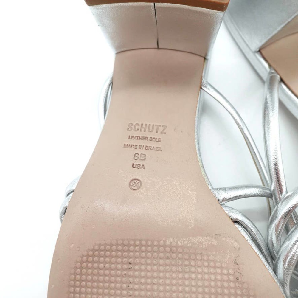SCHUTZ Princey Strappy Sandal Womens 8 Silver Knotted Block Heel Slide Slip On - Picture 7 of 12